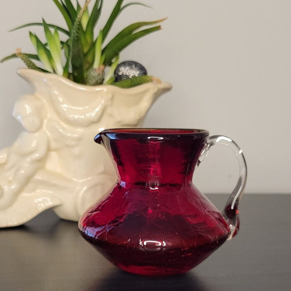 Vintage Ruby Red Hand Blown Art Glass Pitcher Clear Applied Handle Mid Century